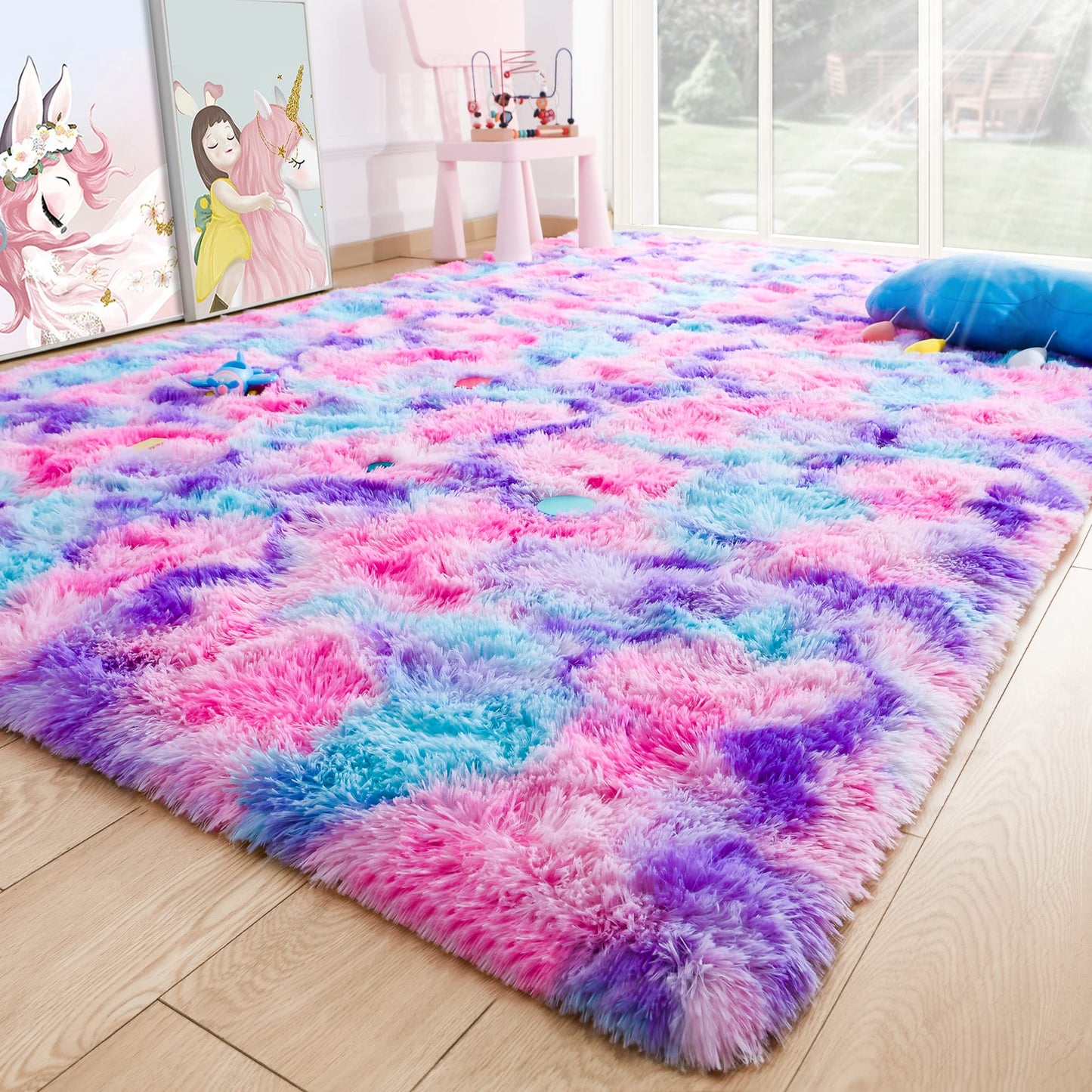 4x6 Tie-Dyed Pink Purple Blue Area Rug for Kids Bedroom Living Room, Fluffy Shag Soft Plush Furry Carpet, Non-Slip Indoor Floor Mat for Dining Room Home Decor