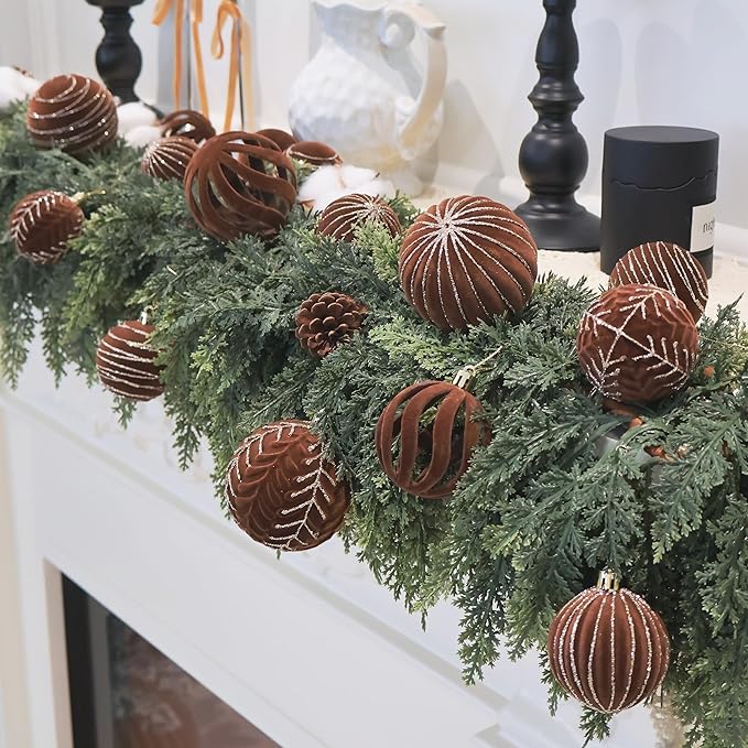 3.15INCH Brown Velvet Ornaments for Christmas Tree, 12PCS Glitter Flocked Christmas Ornaments Decorations Balls Set Decor