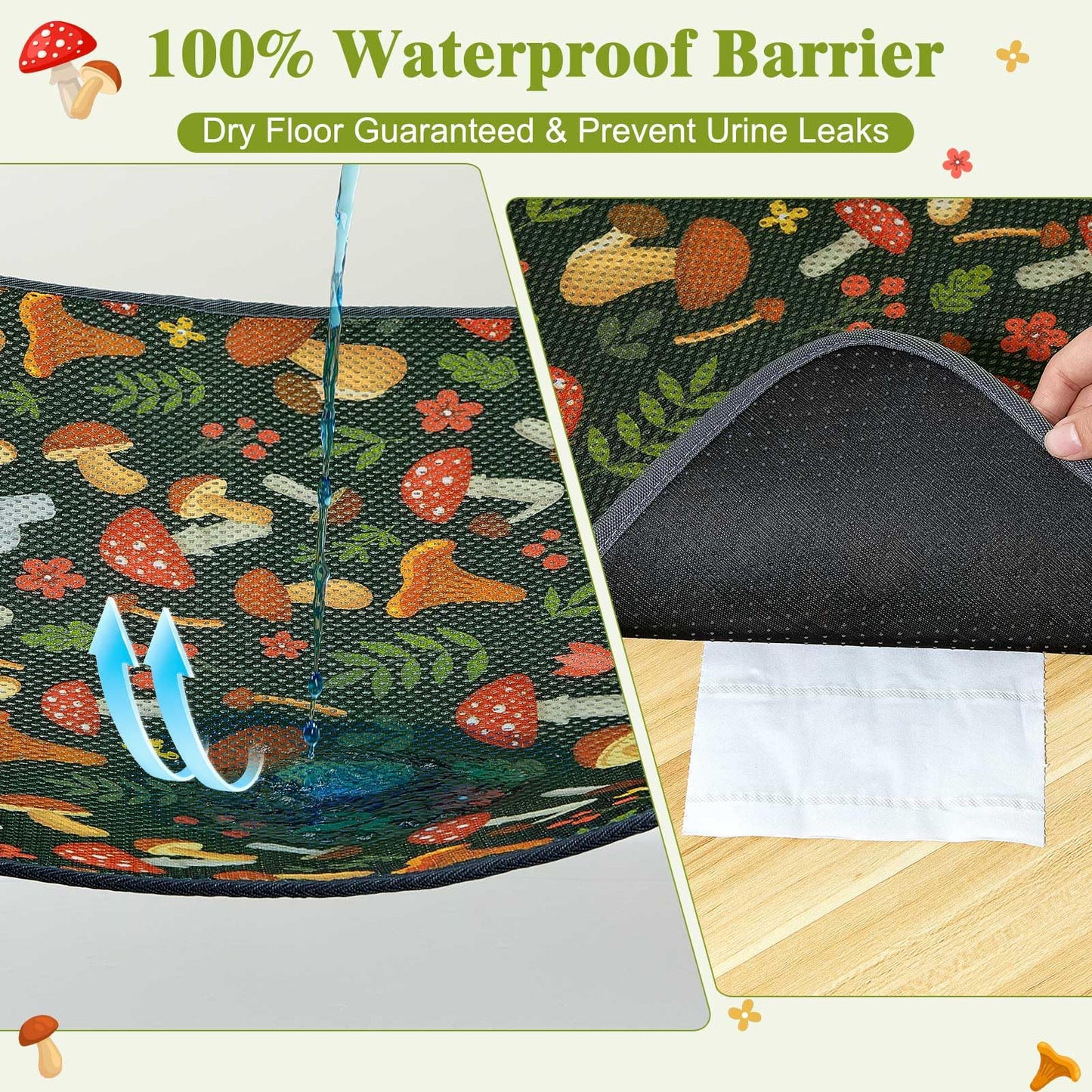 Unicorn Catcher 40X30in Cat Litter Mat Machine Washable Soft 3D Air Mesh Litter Box Rug Non-Slip Backing Quick Dry Scatter Control for Paws,Green Mushrooms