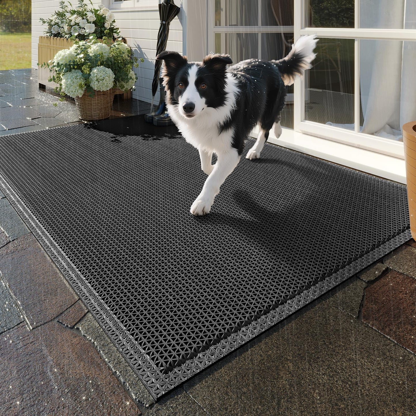 QiCaiJia Front Door Mat 20''x31'', Drainage Heavy Duty Dirt Trapping Non-Slip Doormats, Outdoor Rubber Floor Mats, Restaurant Commercial Kitchen Industral Pool Entrance Bar Wet Area, Black