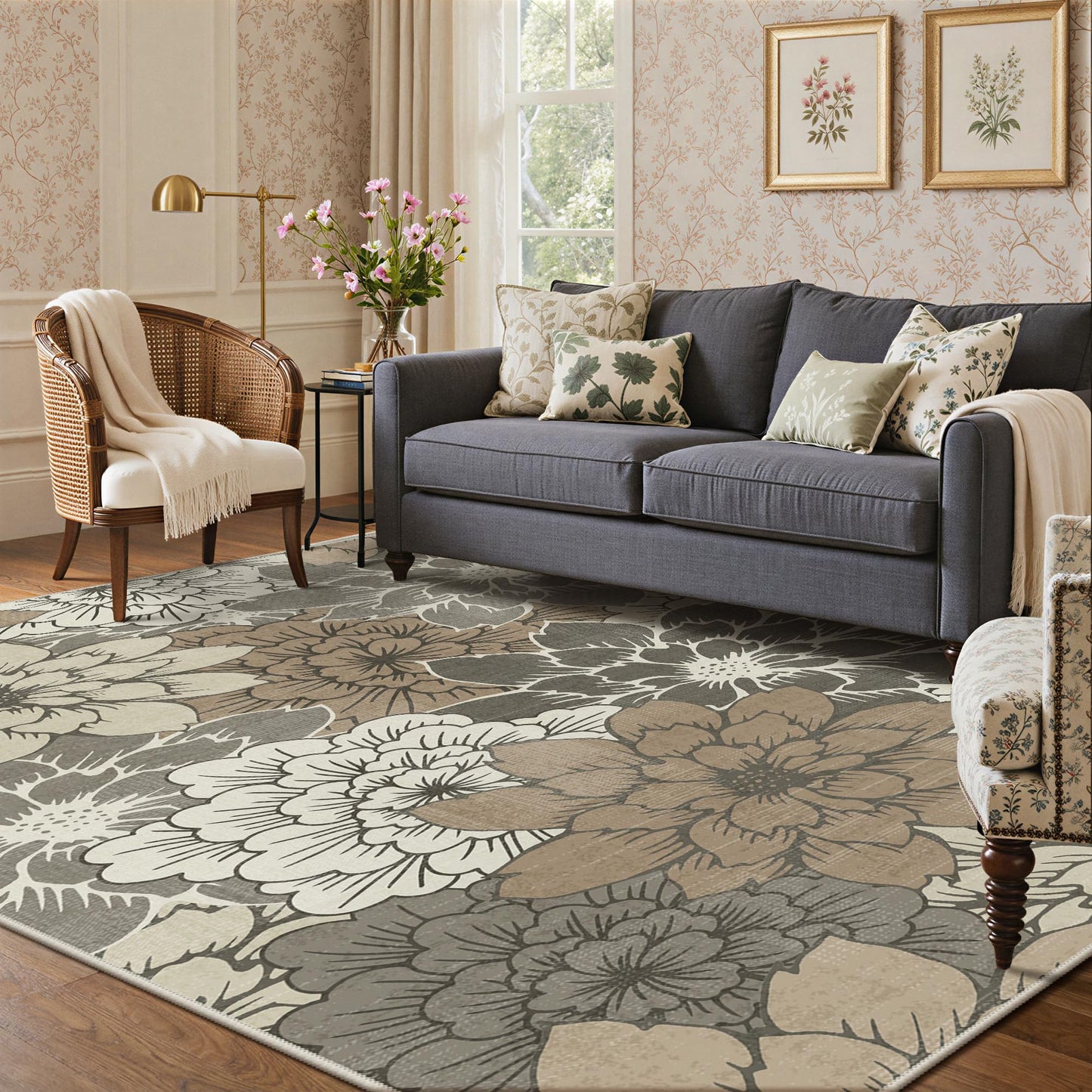 GENIMO Indoor Outdoor Area Rug 5'x8', Machine Washable Rugs for Patio, Waterproof, Non-Slip Easy Cleaning Floral Outdoor Mat Carpet for Living Room, Bedroom, RV, Balcony, Deck, Camping, Coffee Beige