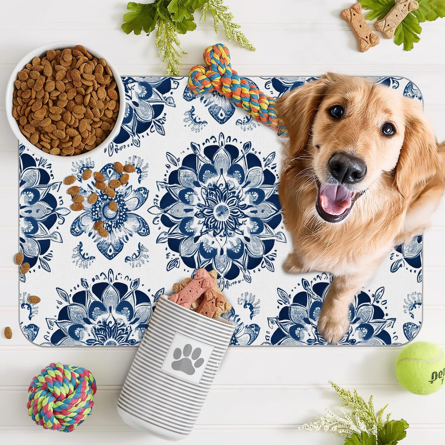 Mandala Flower Dog Food Mat for Floors,Blue Boho Floral Absorbent Quick-Dry Pet Feeding Mat,Cat Dog Bowl Mats for Food and Water,Non-Slip Pet Accessories Supplies 12"x20"