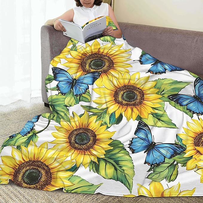 Sunflower Garden Blanket Gfits for Women Men Kids Butterflies Throw Blankets Soft Lightweight for Home Decor Couch Bed Sofa 50x60 Inches