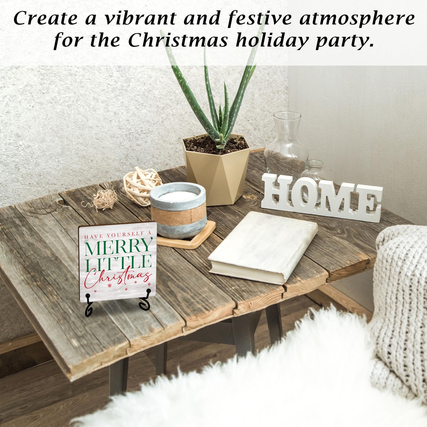 Cazhes Christmas Wooden Decor, Red & Green Merry Christmas Sign Decorations for Home Bedroom, 5x5 Inches Xmas Decor with Iron Stand, Birthday New Year Gifts -G05
