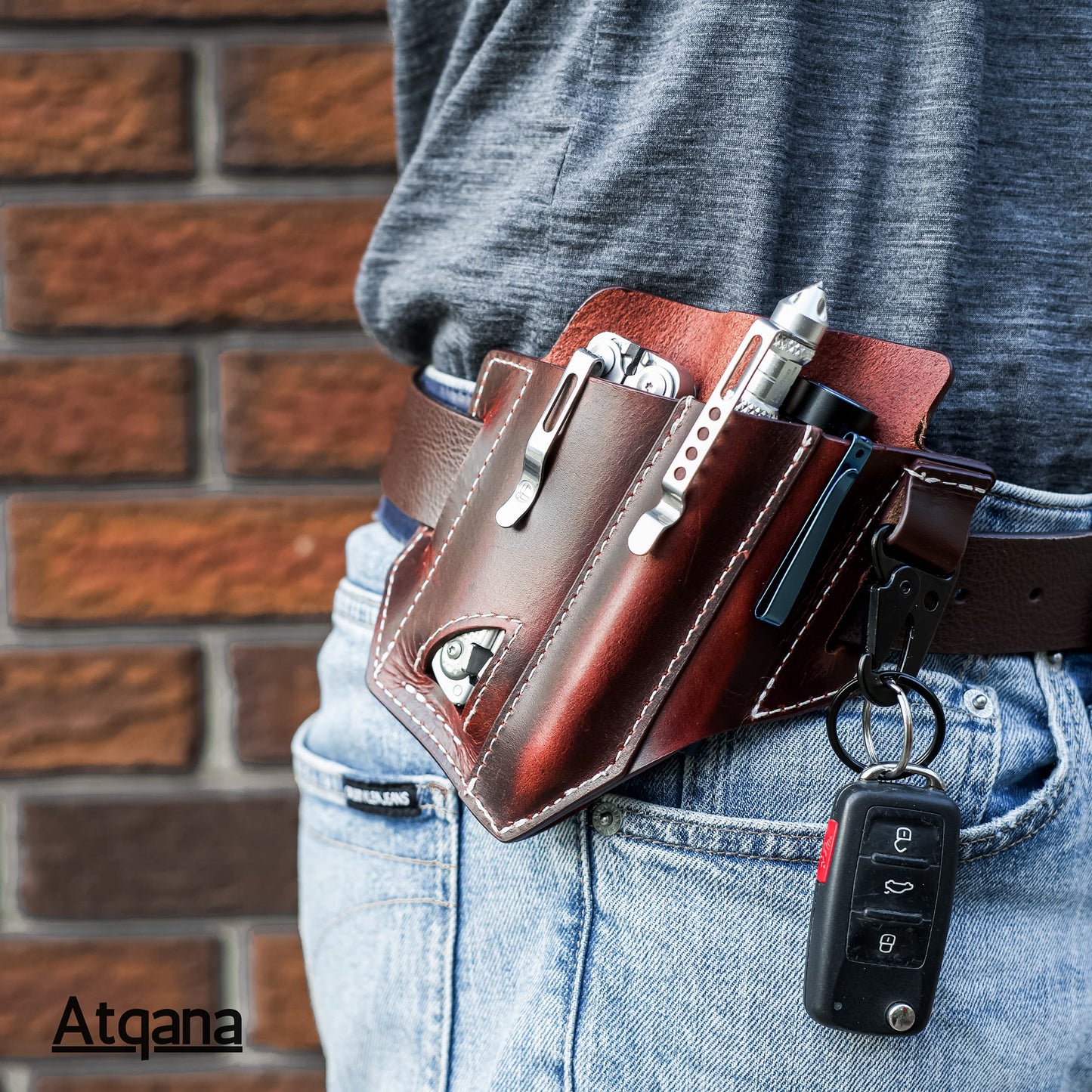 Multitool Sheath for Belt (Premium Leather) - EDC Pocket Organizer | Leatherman Holster | Handmade Leather Multitool Pouch and Pen Holder, Flashlight Sheath, Key Fob Clip by ATQANA® (Extra Dark Brown)