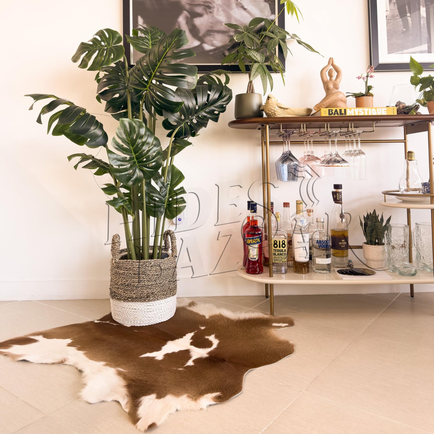 HIDES BAZAAR Calf Skin Brown and White Small Cowhide Rug Premium Cow Rugs for Living Room, Bedroom and Office - Real Cowhide Rug with Brown and White Pattern - Authentic Leather Cow Hide Rugs 3x2 ft