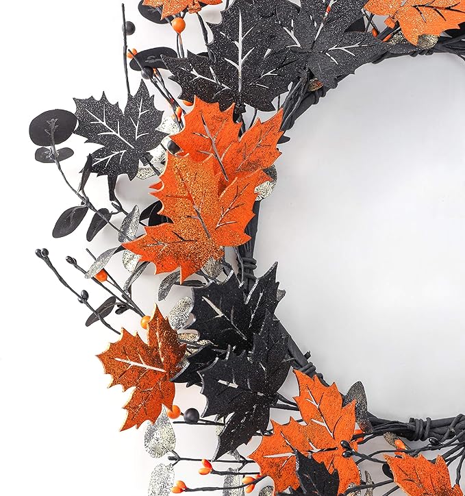 YNYLCHMX 18" Halloween Wreath for Front Door, Halloween Door Wreaths, Fall Autumn Farmhouse Wreath with Golden and Black Maple Leaves for Home Winsow Decorations Indoor Outdoor Party Decor