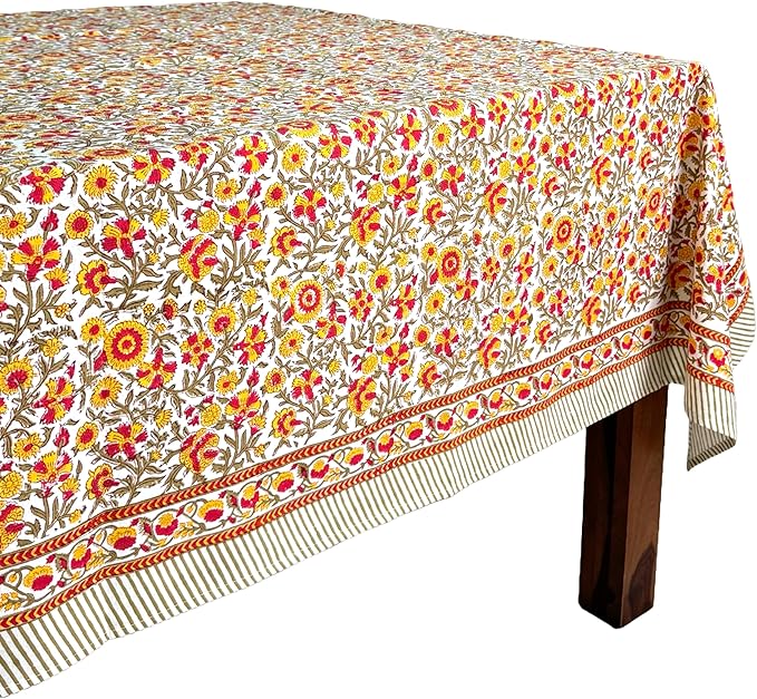ATOSII Marigold 100% Cotton Spring Summer Tablecloth, Block Print Rectangle Table Cover for Dining, Parties, Weddings, Outdoors, Grand Millenial Decor 60 X 108 Inches I 8 Seater I