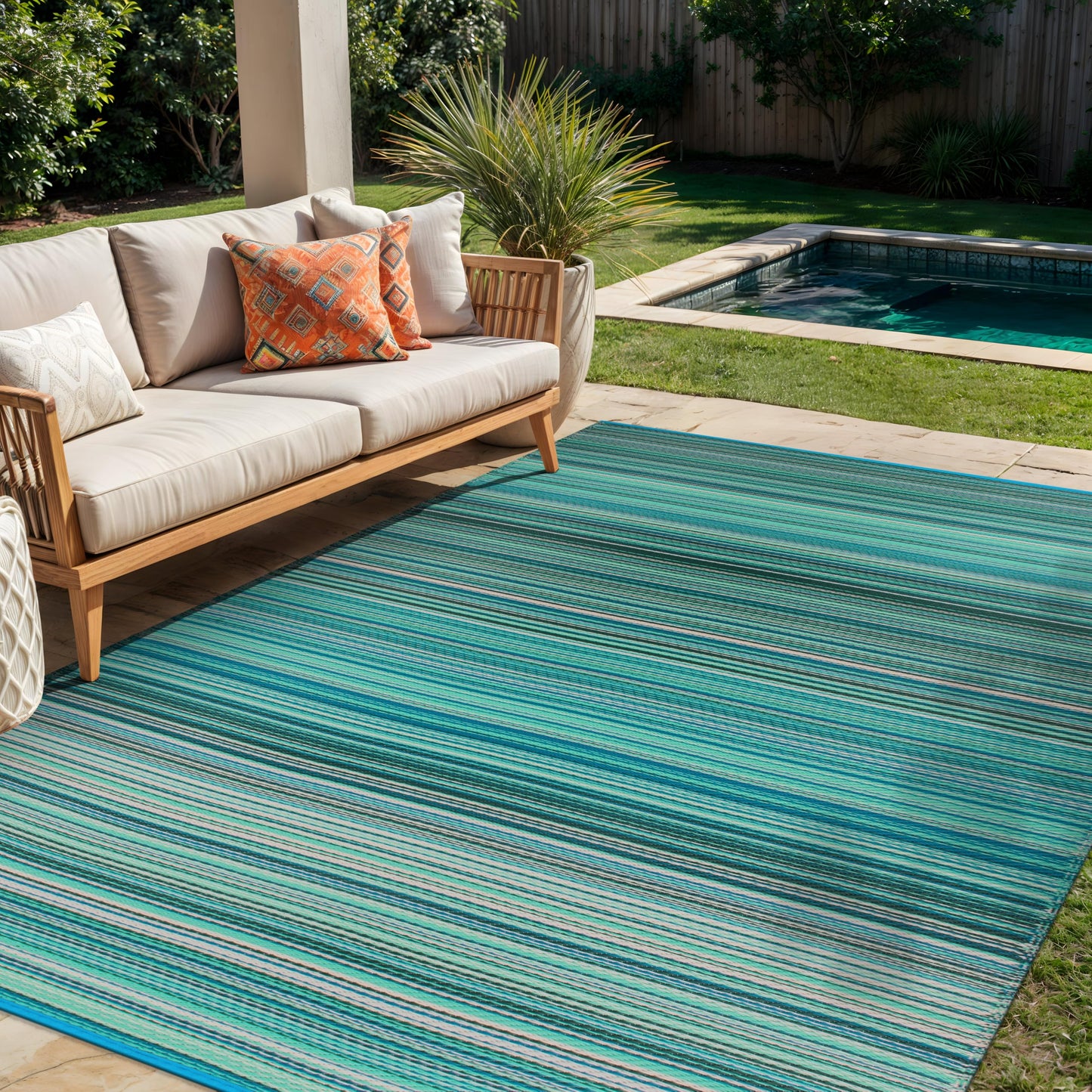 Rugshop Contemporary Stripe Reversible Crease-Free Waterproof Premium Recycled Plastic Outdoor Rugs for Patio,Backyard,RV,Deck,Picnic,Trailer,Beach,Camping Blue 5' x 7'