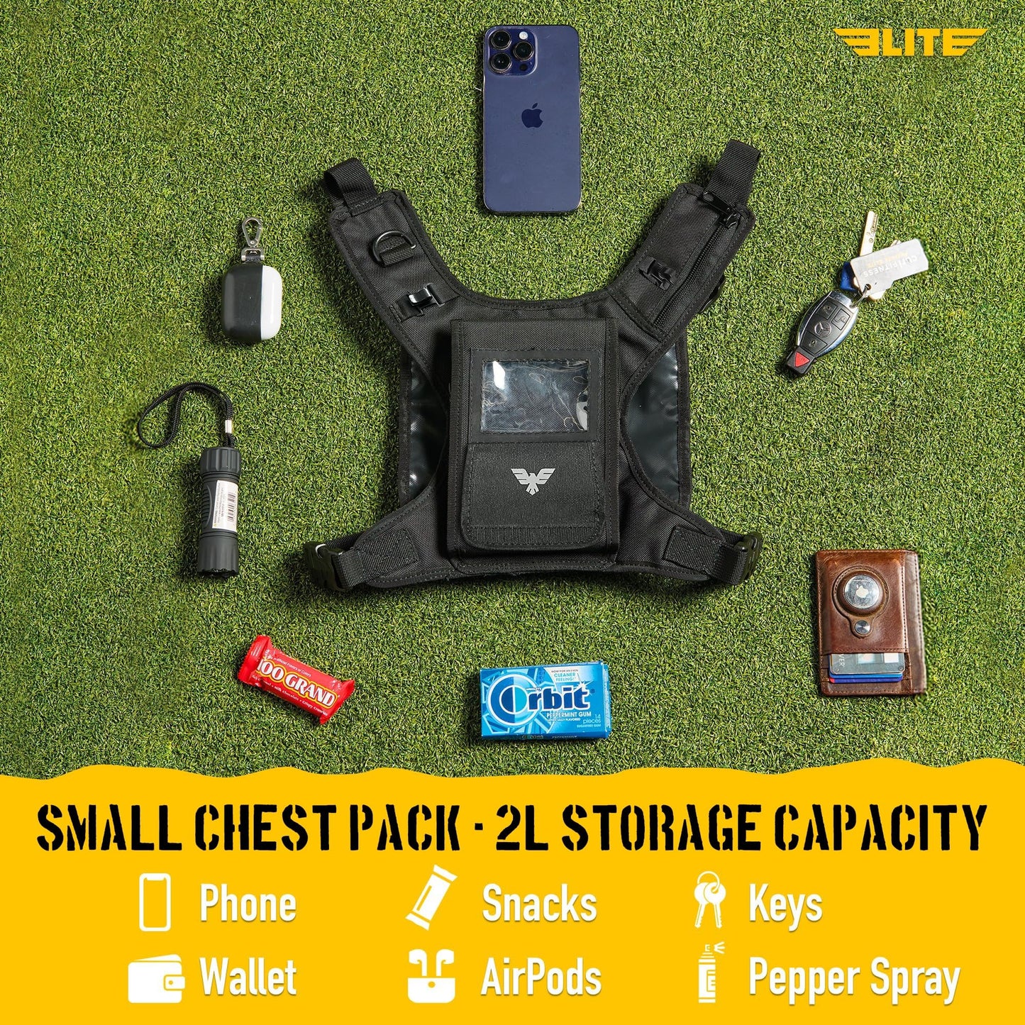 Elite Sports Running Vest w/Phone Holder for Men/Women, Reflective Lightweight Chest Pack w/Touch Friendly Phone Sleeve, Camera Pocket - Chest Rig for Hiking, Trail, Marathon, Camping