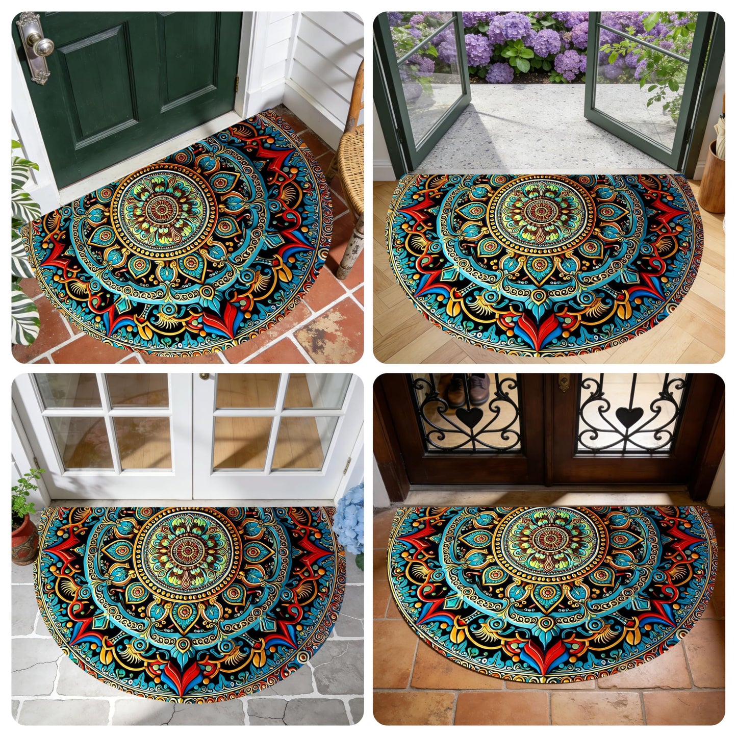 Half Circle Door Mat 24"x36" Non-Slip Washable Welcome Mat, Bohemian Mandala Style Low Profile Front Door Mat Semicircular Entrance Doormat, Dirt Trapper Floor Mat for Indoor Outdoor Entryway Patio