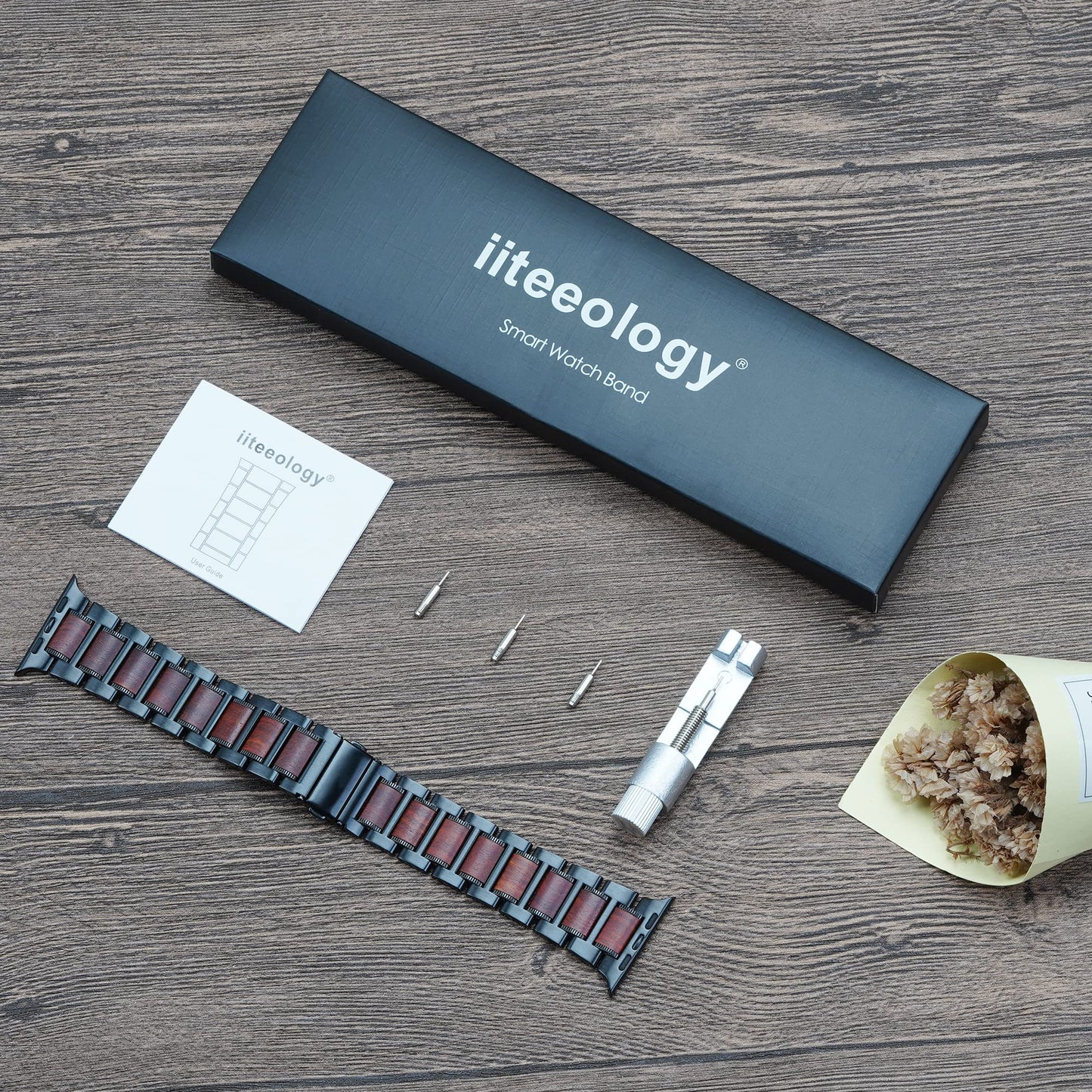 iiteeology Compatible with Apple Watch Band, Natural Wooden Steel Link Bracelet for iWatch Ultra 3/ Ultra 2/ Series 1-11 49mm 46mm 45mm 44mm 42mm - Black