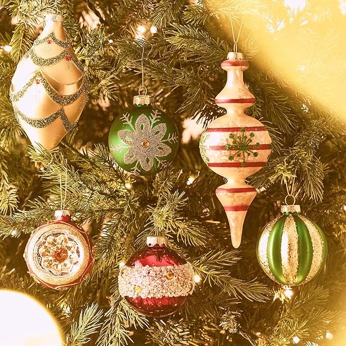 Valery Madelyn Glass Christmas Ornaments Set, 10ct Medium Red Green Gold Mercury Blown Glass Christmas Tree Ball Decorations, Luxury Hanging Teardrop Finial Faceted Reflector Decor