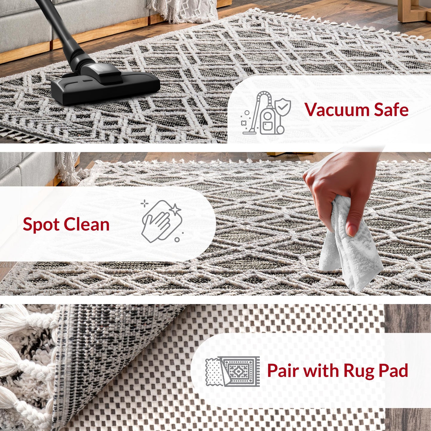 nuLOOM 9x12 Ansley Moroccan Tassel Area Rug, Grey, High-Low Textured Bohemian Design, Plush High Pile, Stain Resistant, For Bedroom, Living Room, Hallway, Entryway