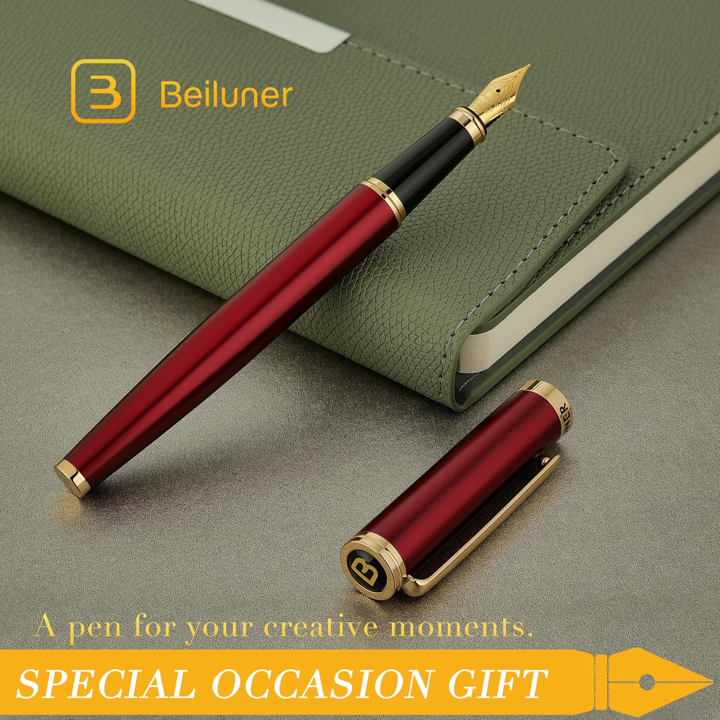 BEILUNER Red Fountain Pen,Stunning Luxury Pens with 24K Gold Finish, Gorgeous 24K Gilded Nib(Fine), Trustworthy Pen Gift for Men&Women -Ink Converter-Elegant,Graduation,Office,Nice Pen for Writing