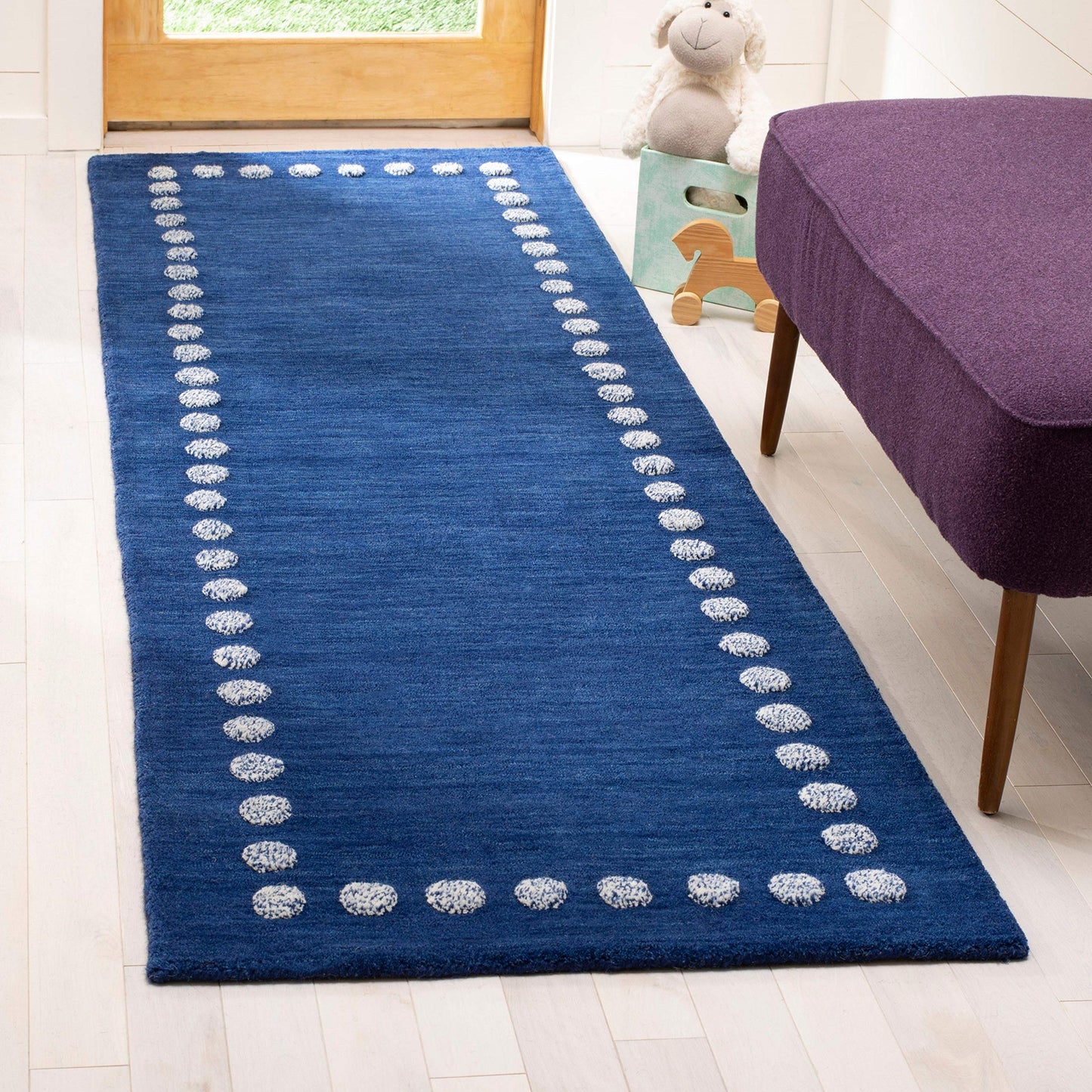 SAFAVIEH Kids Collection Accent Rug - 3' x 5', Blue & Ivory, Handmade Polka Dot Border Wool, Ideal for High Traffic Areas in Entryway, Living Room, Bedroom (SFK802M)