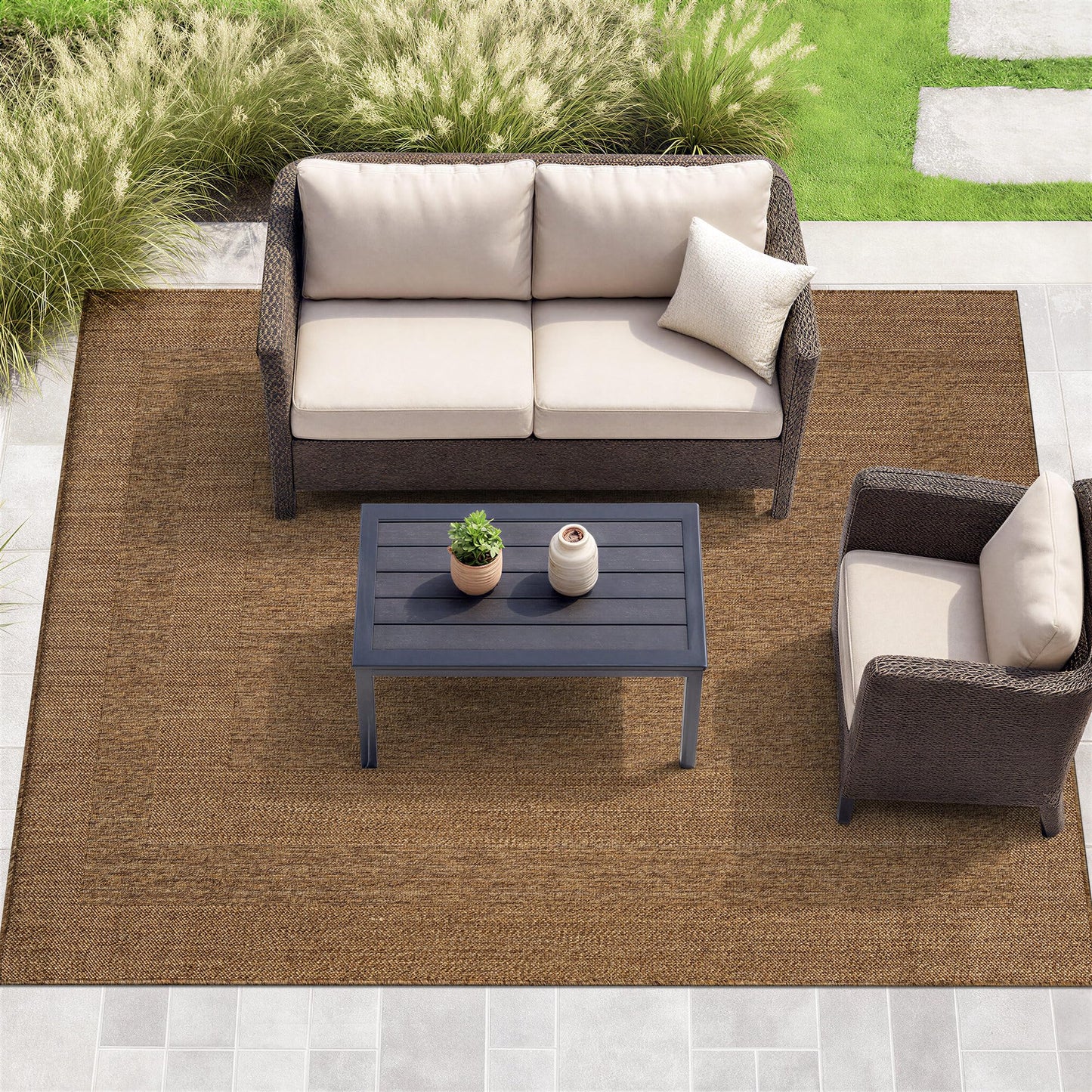 Rugshop Geometric Border Indoor Outdoor Flat Woven Area Rug,Natural Jute-Style,Easy-Care Patio Rug for Backyard Porch Deck Balcony, 6'6" x 9' Natural/Jute
