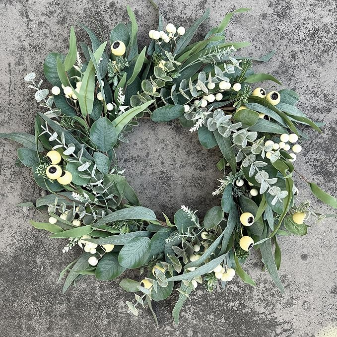 Wreaths for Front Door 22 Inch, All Season Greenery Wreath Olive Eucalyptus Leaves and White Mixed Berry for Indoor Outdoor Farmhouse Home Porch Wall Window Festival Wedding Decor