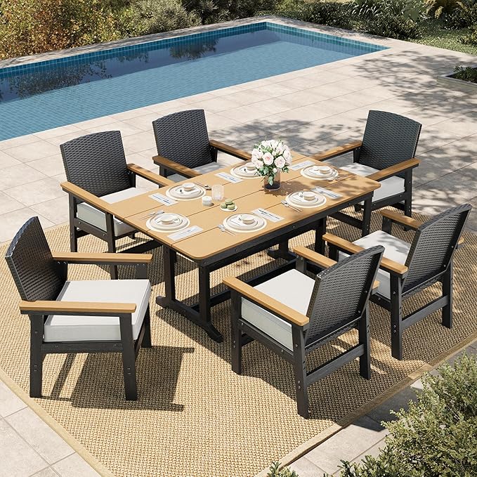 HERA'S HOUSE Patio Table and Chairs Set 7-Piece, HDPE Outdoor Dining Furniture Set with Cushions, All-Weather Wood Grain Table & Wicker Chairs for Backyard, Garden, Deck (Durable & Low Maintenance)