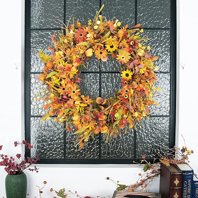 JINGHONG 28 Inch Large Fall Wreaths for Front Door Artificial Fall Wreath Floral Autumn Wreath with Colorful Daisies Fall Foliage for Indoor Outside Door Harvest Festival Thanksgiving Day Celebration
