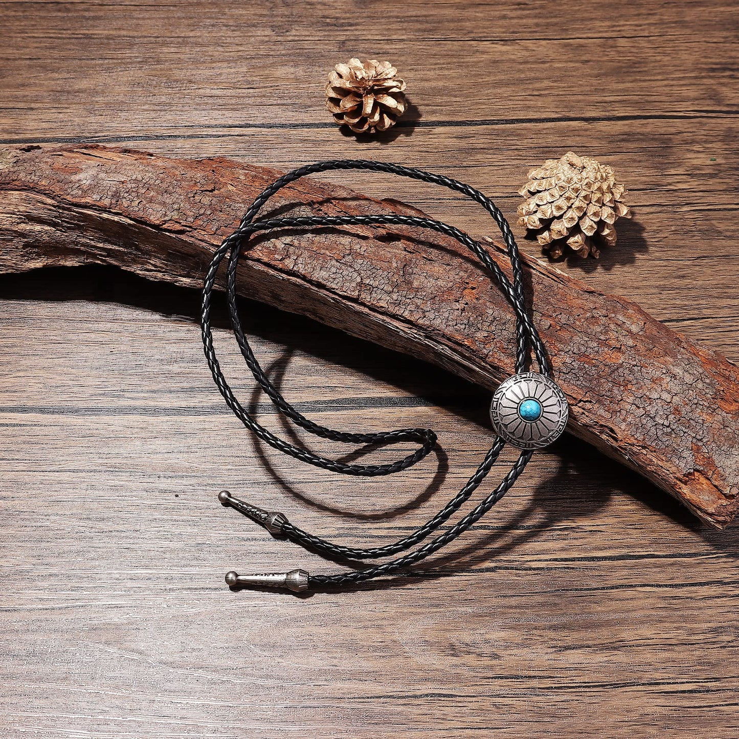 Subiceto 6Pcs Bolo Tie for Men Women Western Cowboy Natural Turquoise Tiger Eye Stone Handmade Shape Round Leather Necktie Vintage Native American Bola Tie Set Wolf