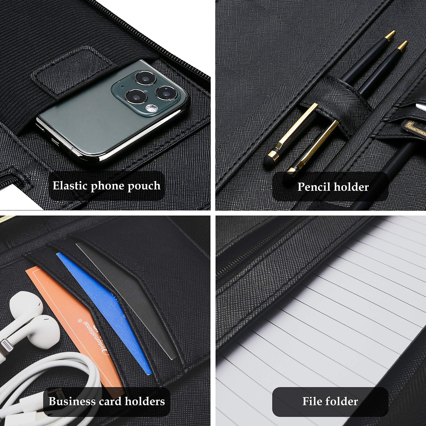 ProCase Portfolio Business Padfolio Folder with Zipper, Conference Meeting Executive File Legal Document Organizer with Pockets Letter Size A4 Writing Pad Notepad Padfolio -Black