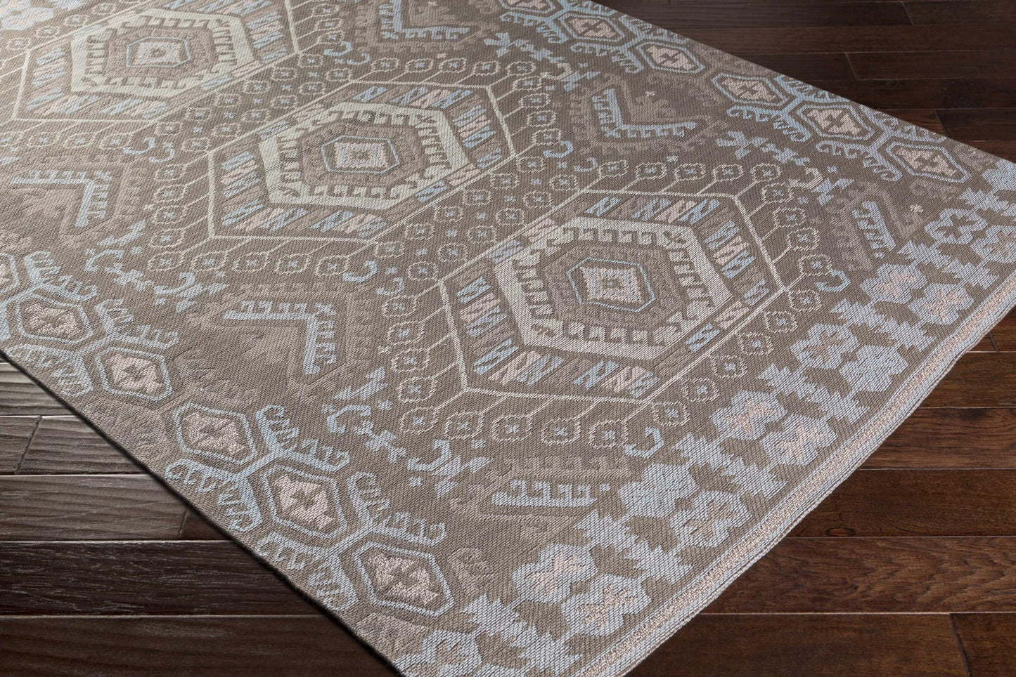 Hauteloom Honeydew Recycled Material Area Rug - Geometric Medallion Diamond Border Triangle - Bohemian Transitional Tribal Southwestern Navajo - Medium Brown, Light Gray, Cream, Brown, Taupe - 2' x 3'