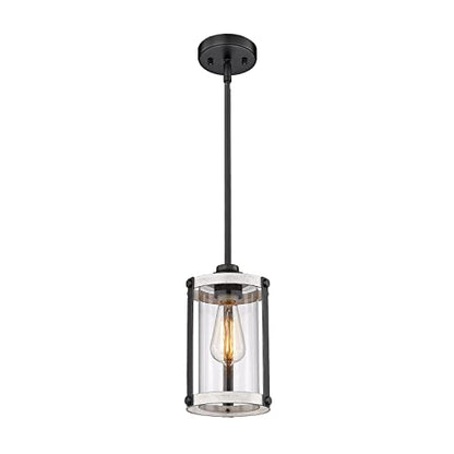 Farmhouse Pendant Light Fixtures, 1-Light Rustic Oak White Pendant Light Fixtures, Mini Glass Hanging Lighting with Rod for Kitchen Island Bar Bedroom, Adjustable Length, OS-3015