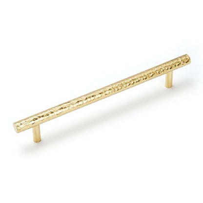 6-Pack Solid Brass Kitchen Cabinet Pulls, Gold Modern T-Bar Handles, 6-5/16-Inch Hole Center Hammered Handles for Dresser Drawer Cupboard, 8-1/8 Inch Total Length, Polished Finish