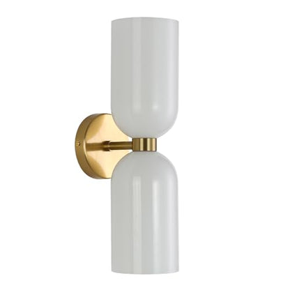 Minimalist 2-Light Gold Wall Sconces with Cylinder Glass Shades- Mid Century Vanity Wall Double Lights Hardwired- Modern Indoor Glass Wall Mounted Art Decor Lights (Milky White, 1 Pack)