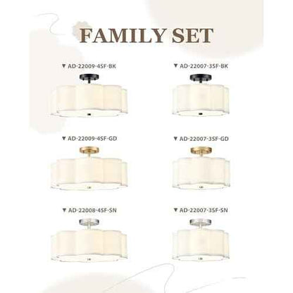 Gold Semi Flush Mount Ceiling Light, 3-Light 12.5" Ceiling Lighting Fixtures with Fabric Shade in Flower Shape, Farmhouse Brass Drum Lights for Nursery Hallway Bedroom, AD-22007-3SF-GD