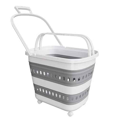 TECHMILLY Collapsible Plastic Laundry Basket Hamper with Wheels, 45L Portable Rubber Clothes Basket, Pop Up Storage Container/Organizer with Hanging Basket for Washing & Storage, Grey