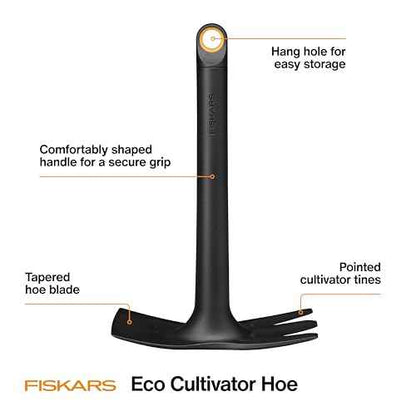 Fiskars Eco Cultivator Hoe with Dual-Function Design, Tapered Blade, Cultivator Tines, Ergonomic Handle, and UV-Resistant Build for Soil Care