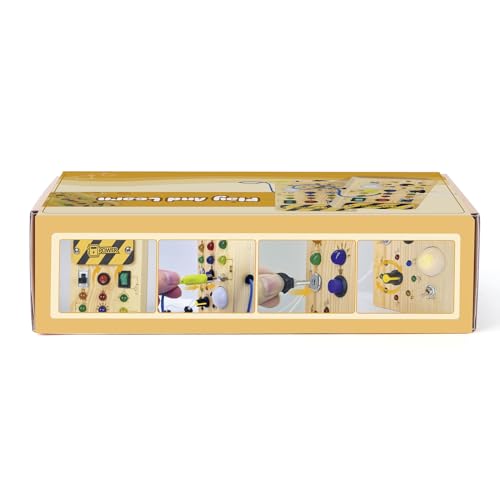 Montessori Wooden Busy Board with 8 LED Light switches, Sensory Toys Light Switch Travel Toys for 1+ Year Old Baby and Toddler