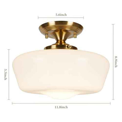 Schoolhouse Style Semi Flush Mount Ceiling Light Fixture, 12" Modern Gold Hallway Ceiling Lamp with Opal Milk Glass Shade Brass, Farmhouse Globe Light for Bedroom Kitchen Hallway Entryway Laundry
