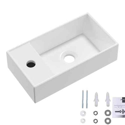 Wall Mount Bathroom Sink, QISHKA 16" x 8.5" Modern Ceramic Rectangular Floating Sink, White Rectangle Wall Hung Wash Basin Vessel Sink, Save Space for Bathrooms (Left Hand)