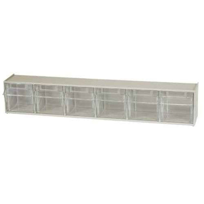 Akro-Mils TiltView Plastic Storage Cabinet with 6 Tilt Out Bins, Horizontal Plastic Parts Organizer, Teacher Toolbox, and Office Supply Organizer, 23-5/8" W x 3-1/2" H x 3-3/4" D, Stone