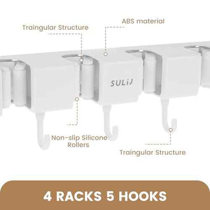 6PCS 4 Racks and 5 Hook Broom Mop Holder with Hooks Wall Mounted Broom Storage Rack No Drilling Self-Adhesive Mop Broom Organizer Mop Holder Hanger for Bathroom Office Kitchen Closet Garage,White