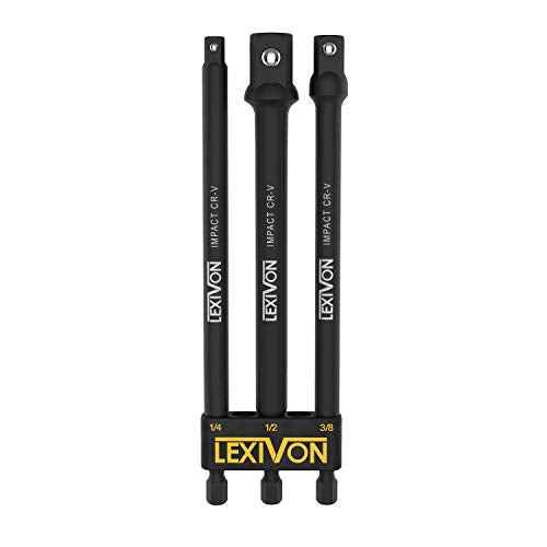 LEXIVON Impact Grade Socket Adapter Set, 6" Extension Bit With Holder | 3-Piece 1/4", 3/8", and 1/2" Drive, Adapt Your Power Drill To High Torque Impact Wrench (LX-102)