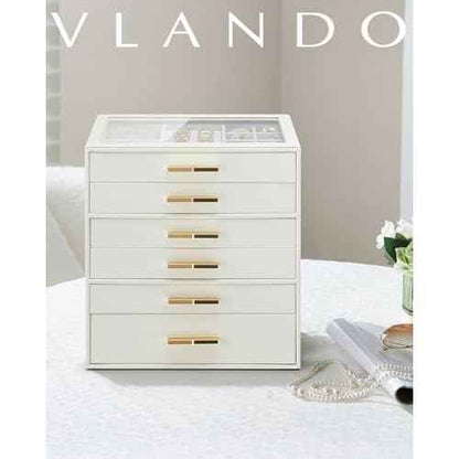 Vlando 6 Layer Jewelry Box for Women, Glass Lid Jewelry Organizer with 6 Drawers for Necklaces Rings Earrings Bracelets - Cloud White