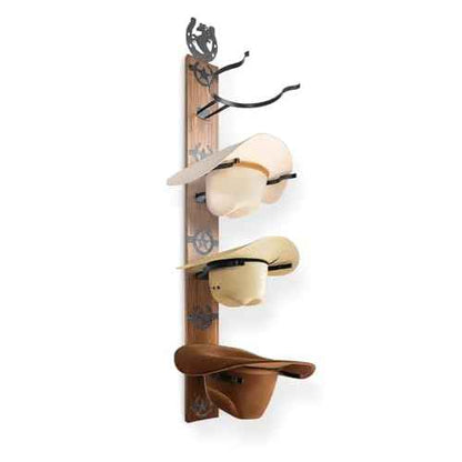 VOYX Cowboy Hat Rack Wall Mount ? Rustic Wooden Board with 4 Western Hooks ? Metal Horseshoe & Star Decor ? Hat Hanger for Entryway, Bedroom, or Ranch ? Includes Screws & Anchors