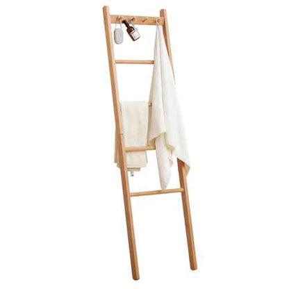 Beech Wood Blanket Ladder, 5.3ft Natural Farmhouse Quilt Holder with Top Hooks, 4-Bar Decorative Throw Rack, Towel Shelf for Living Room, Bedroom, Small Space Storage (Natural)