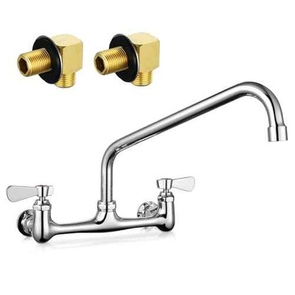 Kitchen Sink Faucet Wall Mount - 8 Inch Center Wall Mount Commercial Kitchen Sink Faucet with 12" Swivel Spout - Dual Lever Handles - Brass Constructed & Chrome Polished