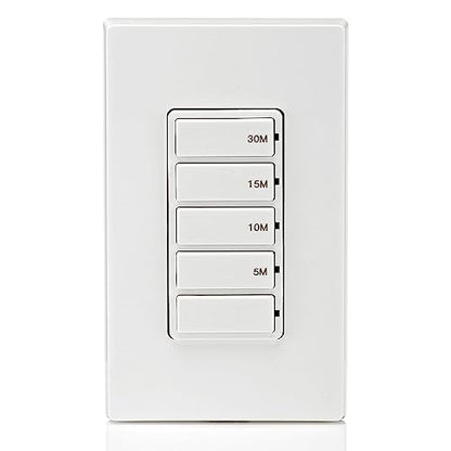 Leviton Countdown Timer Switch for bathroom fan and household lights, 5-10-15-30 min, No Neutral Required, Single Pole, 15A, 1/2 HP/9.8A Fan/Motor, DT130-1LW, White