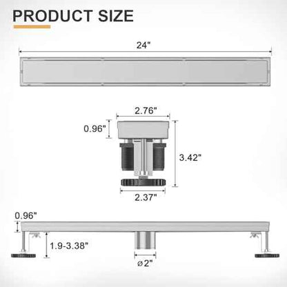 Linear Shower Drain, 24 Inch Brushed Nickel 304 Stainless Steel Shower Drain with Tile Insert Panels, Long Rectangle Shower Floor Drain with Adjustable Feet, Hair Catcher, Fits Bathroom, Balcony