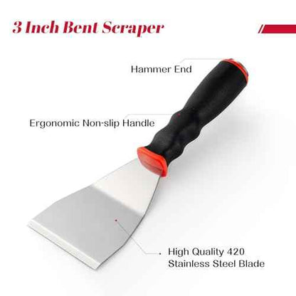 Mister Rui Bent Heavy Duty Scraper, 3 Inch Bent Scraper, Stainless Steel Putty Knife with Hammer End, Spackle Knife with Soft Grip Rubber Handle, Paint Scraper Tool for Wood