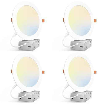 Amico 4 Pack 7 Inch 5CCT Ultra-Thin LED Canless Recessed Ceiling Light with Junction Box, 2700K/3000K/3500K/4000K/5000K Selectable, 15W=100W, 1300LM High Brightness, Dimmable Wafer Downlight-ETL&FCC