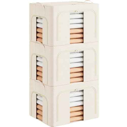 Pinkpum 3 Pack Clothes Storage Bins with Metal Frame, Closet Organizers and Storage Boxes, Stackable & Foldable Clothes Organizer Bags with Large Clear Window & Long Carry Handles, Beige 66L