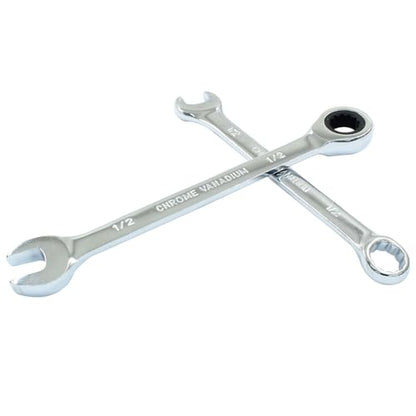 1/2 Inch Ratcheting Wrench Set, 2 Pieces SAE Ratcheting Combination Wrench with 12 Point Design, 72 - Tooth Ratchet Spanner with Chrome Plating