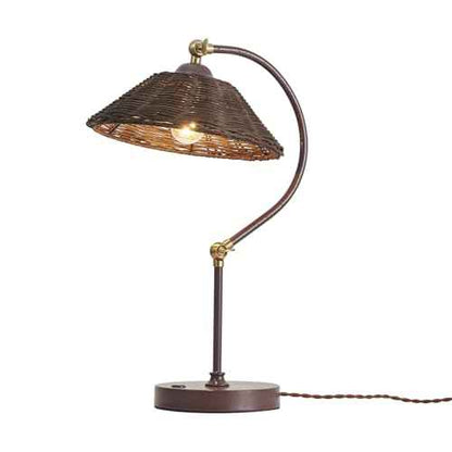 Woven Rattan Bedside Table Lamp for Bedroom, Boho Plug in Handmade Rattan Shade & Anti-Rust Iron Base Desk Lamp, Plug & Play Vintage Dark Brown Nightstand Lamp for Living Room, Office ¡¼Bulb Included¡½